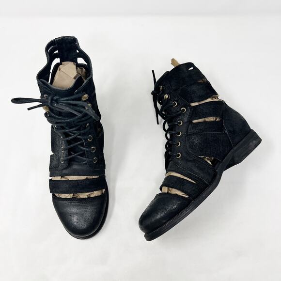 [Jeffrey Campbell] Black Slashed Nubuck Leather Lace Up Combat Boots Size 6.5 - Picture 2 of 11
